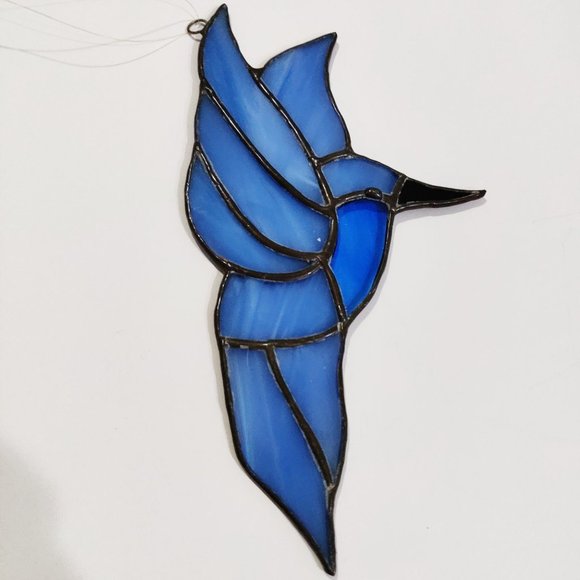 Vintage Stained Glass Sun Catcher Set 2 Hummingbird Iris Blue Violet Purple Hand - Picture 2 of 10